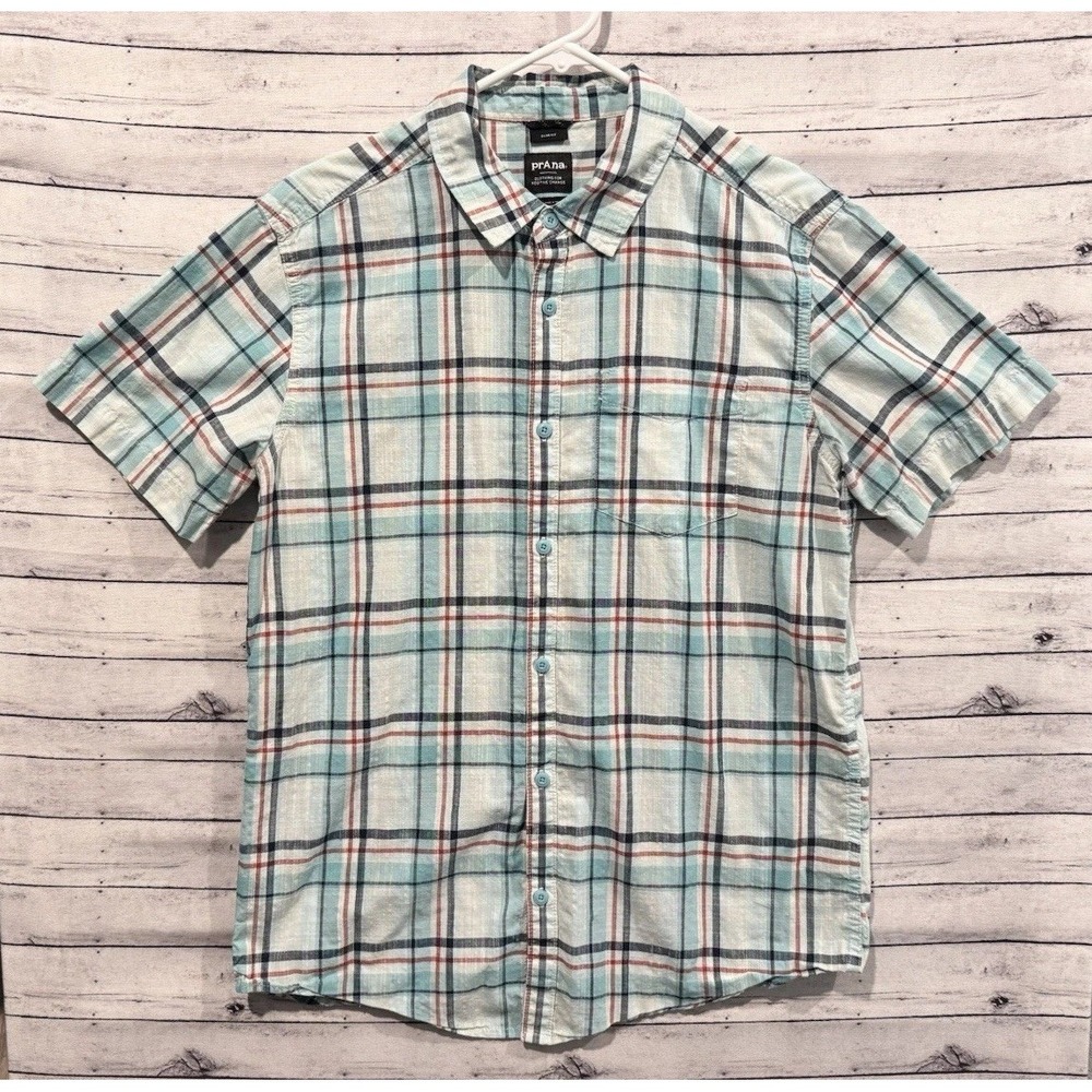 PRANA Mens Flannel Plaid Shirt Sz M Blue Button Down Short Sleeve Organic Cotton